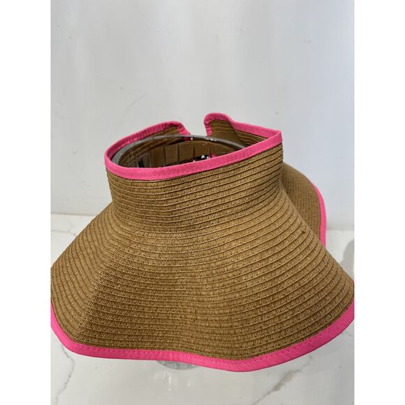 David Young Women Wide Brim Woven Sun Visor Hat Pink Trim Packable Beach Resort - Picture 2 of 4